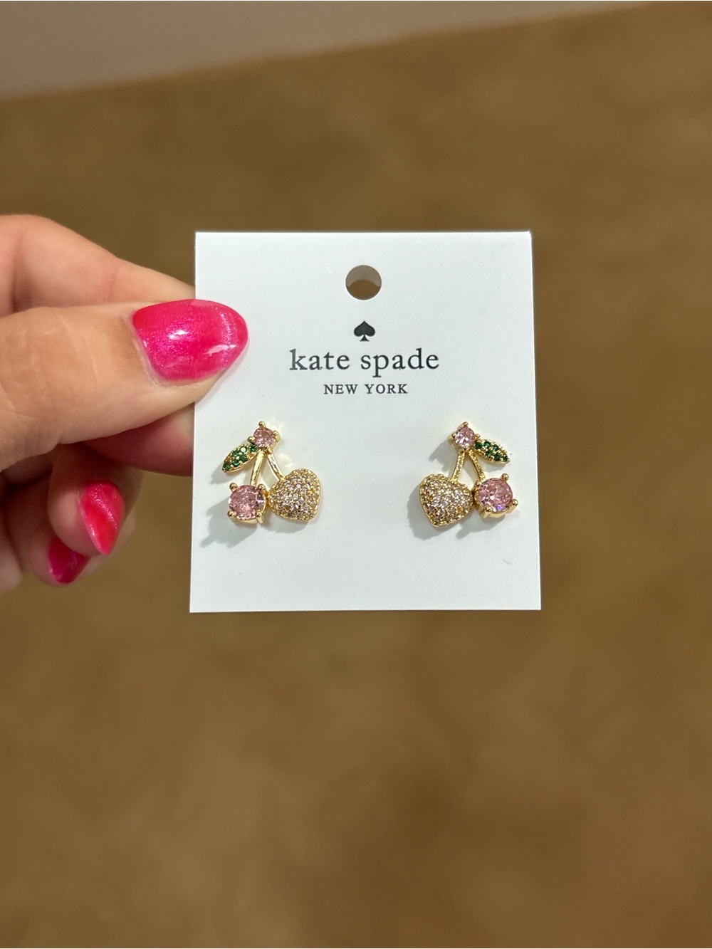 Kate Spade Cherries Pink & Rhinestone & Gold Stud Earrings NEW